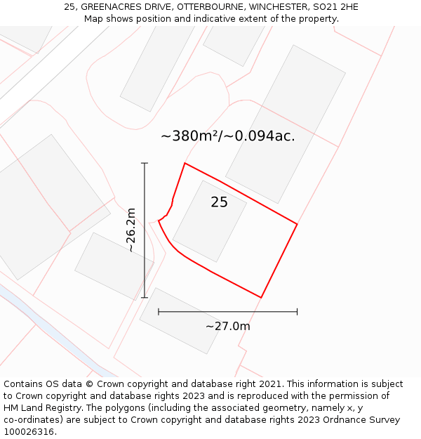 25, GREENACRES DRIVE, OTTERBOURNE, WINCHESTER, SO21 2HE: Plot and title map