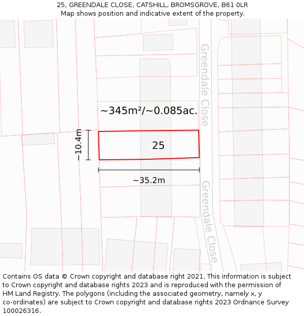 25, GREENDALE CLOSE, CATSHILL, BROMSGROVE, B61 0LR: Plot and title map