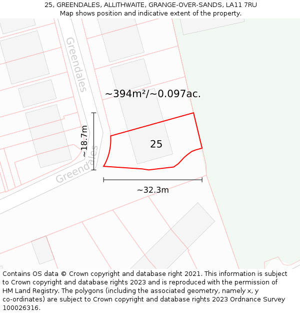 25, GREENDALES, ALLITHWAITE, GRANGE-OVER-SANDS, LA11 7RU: Plot and title map