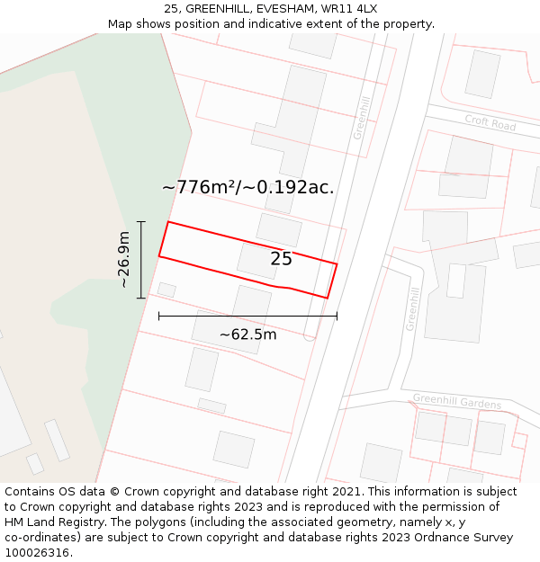 25, GREENHILL, EVESHAM, WR11 4LX: Plot and title map