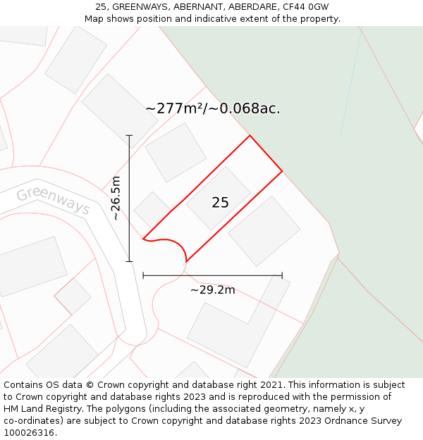 25, GREENWAYS, ABERNANT, ABERDARE, CF44 0GW: Plot and title map