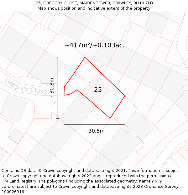 25, GREGORY CLOSE, MAIDENBOWER, CRAWLEY, RH10 7LB: Plot and title map