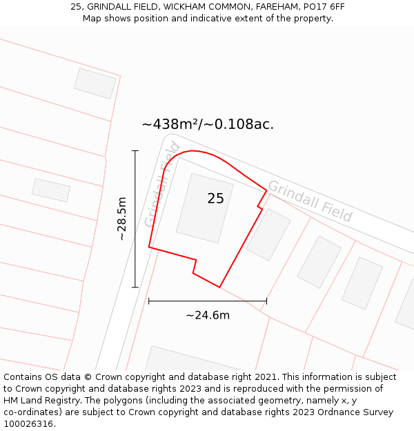 25, GRINDALL FIELD, WICKHAM COMMON, FAREHAM, PO17 6FF: Plot and title map