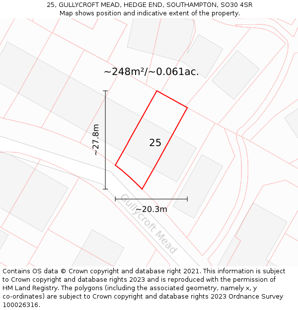 25, GULLYCROFT MEAD, HEDGE END, SOUTHAMPTON, SO30 4SR: Plot and title map