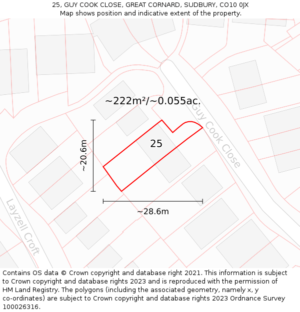 25, GUY COOK CLOSE, GREAT CORNARD, SUDBURY, CO10 0JX: Plot and title map