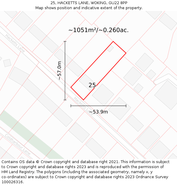 25, HACKETTS LANE, WOKING, GU22 8PP: Plot and title map