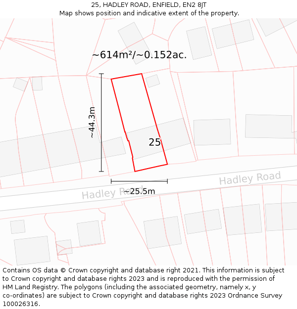 25, HADLEY ROAD, ENFIELD, EN2 8JT: Plot and title map