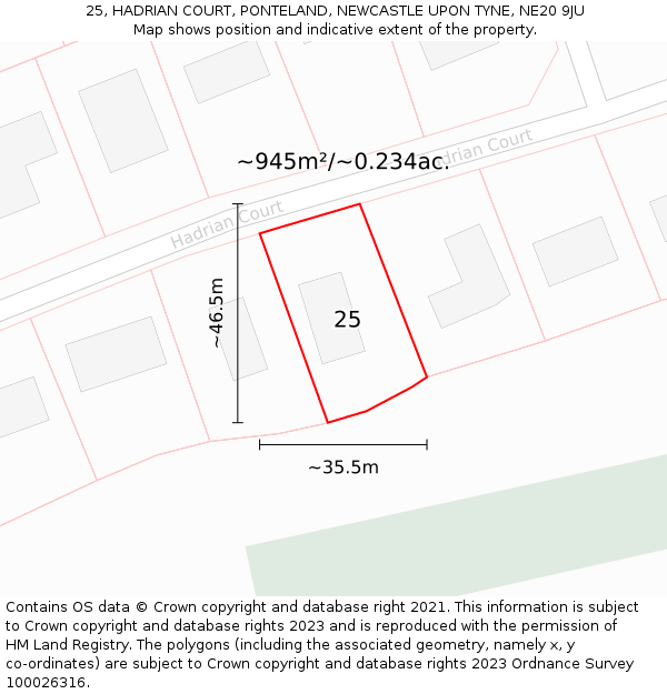 25, HADRIAN COURT, PONTELAND, NEWCASTLE UPON TYNE, NE20 9JU: Plot and title map