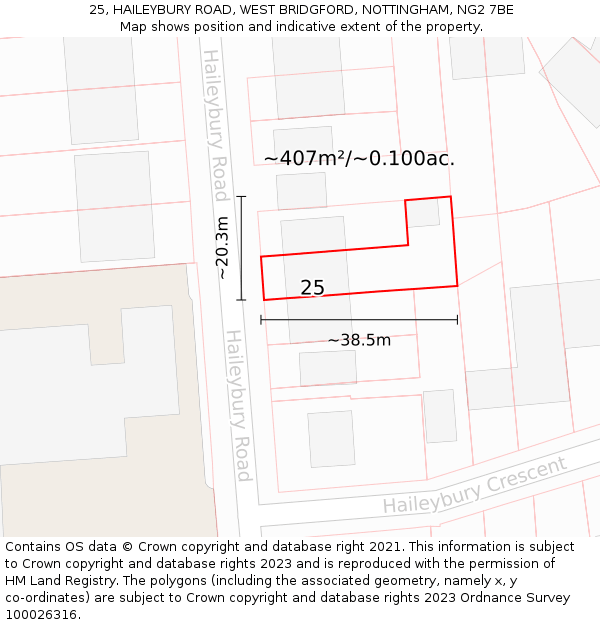 25, HAILEYBURY ROAD, WEST BRIDGFORD, NOTTINGHAM, NG2 7BE: Plot and title map
