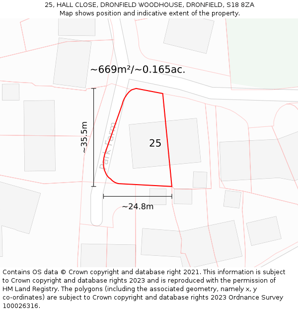 25, HALL CLOSE, DRONFIELD WOODHOUSE, DRONFIELD, S18 8ZA: Plot and title map