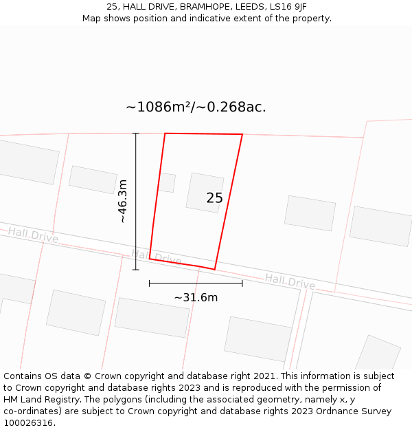25, HALL DRIVE, BRAMHOPE, LEEDS, LS16 9JF: Plot and title map