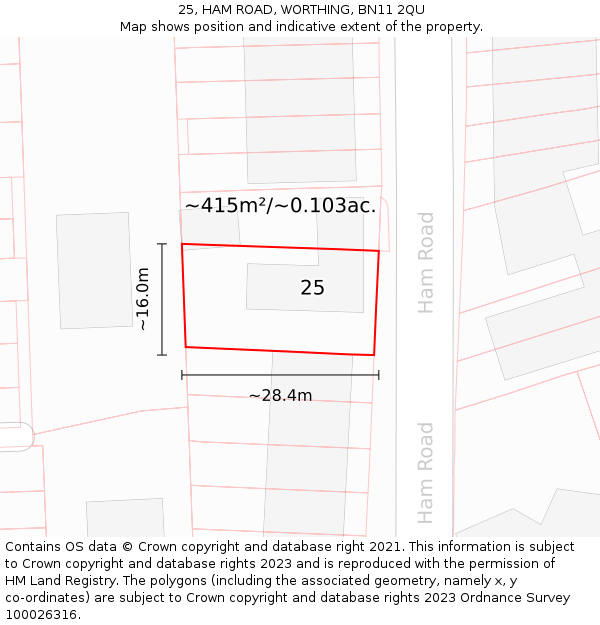 25, HAM ROAD, WORTHING, BN11 2QU: Plot and title map