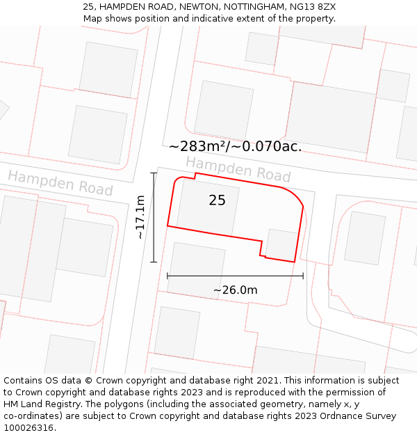 25, HAMPDEN ROAD, NEWTON, NOTTINGHAM, NG13 8ZX: Plot and title map