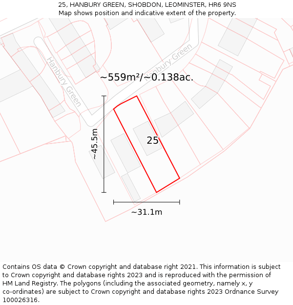 25, HANBURY GREEN, SHOBDON, LEOMINSTER, HR6 9NS: Plot and title map