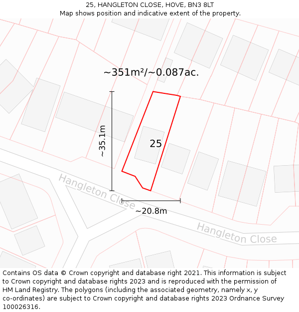 25, HANGLETON CLOSE, HOVE, BN3 8LT: Plot and title map