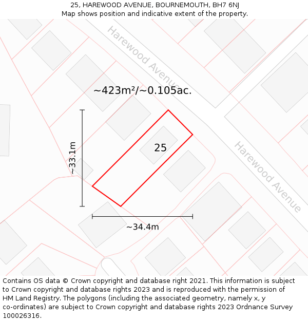 25, HAREWOOD AVENUE, BOURNEMOUTH, BH7 6NJ: Plot and title map