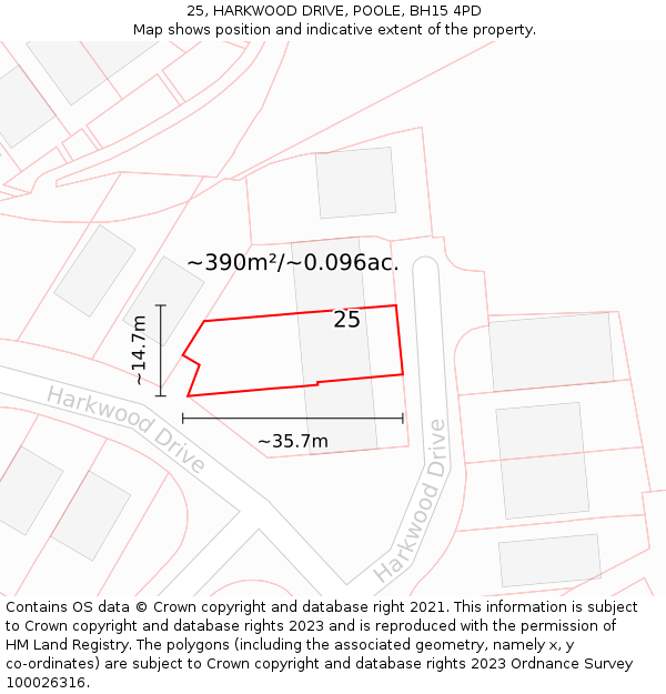 25, HARKWOOD DRIVE, POOLE, BH15 4PD: Plot and title map