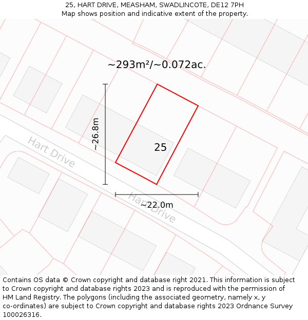 25, HART DRIVE, MEASHAM, SWADLINCOTE, DE12 7PH: Plot and title map