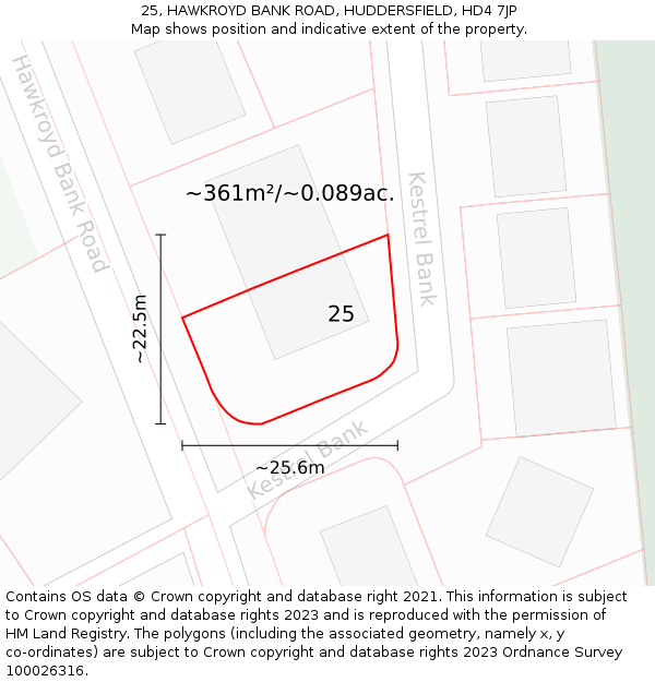 25, HAWKROYD BANK ROAD, HUDDERSFIELD, HD4 7JP: Plot and title map