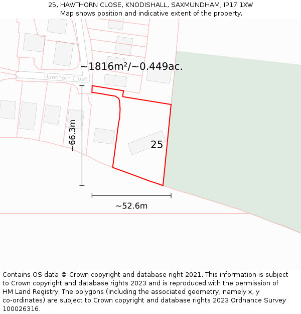 25, HAWTHORN CLOSE, KNODISHALL, SAXMUNDHAM, IP17 1XW: Plot and title map