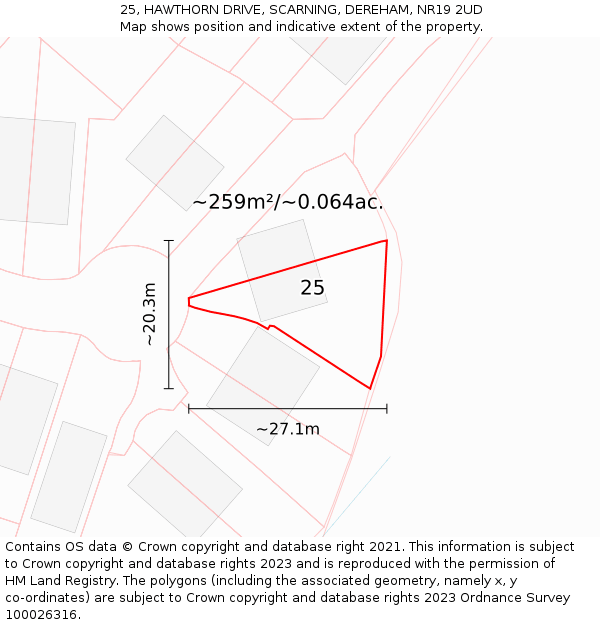 25, HAWTHORN DRIVE, SCARNING, DEREHAM, NR19 2UD: Plot and title map