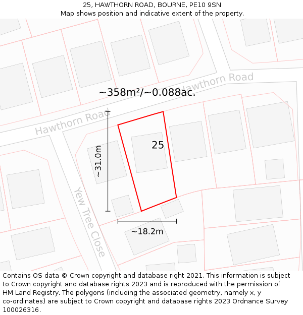25, HAWTHORN ROAD, BOURNE, PE10 9SN: Plot and title map