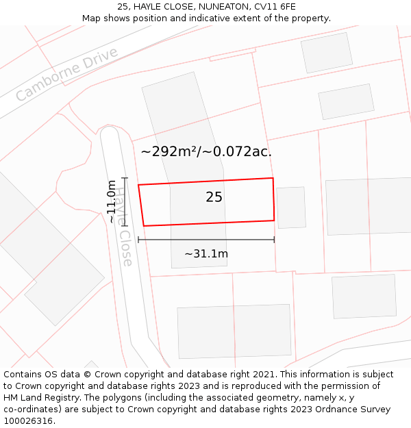25, HAYLE CLOSE, NUNEATON, CV11 6FE: Plot and title map