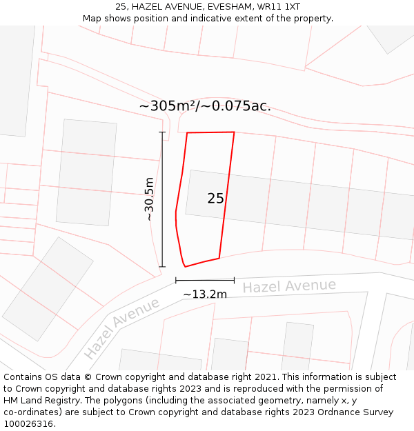 25, HAZEL AVENUE, EVESHAM, WR11 1XT: Plot and title map