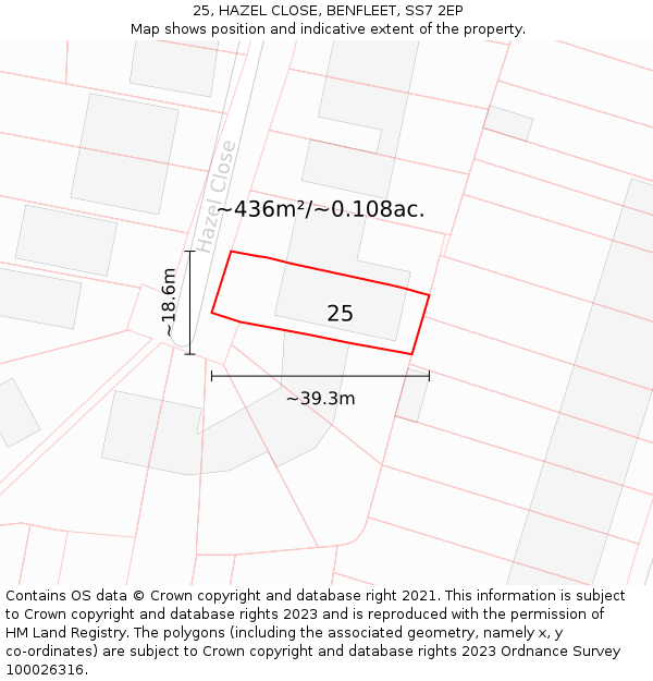 25, HAZEL CLOSE, BENFLEET, SS7 2EP: Plot and title map