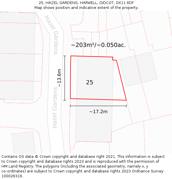 25, HAZEL GARDENS, HARWELL, DIDCOT, OX11 6DF: Plot and title map