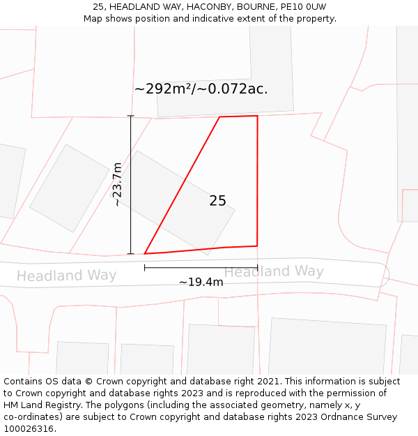 25, HEADLAND WAY, HACONBY, BOURNE, PE10 0UW: Plot and title map