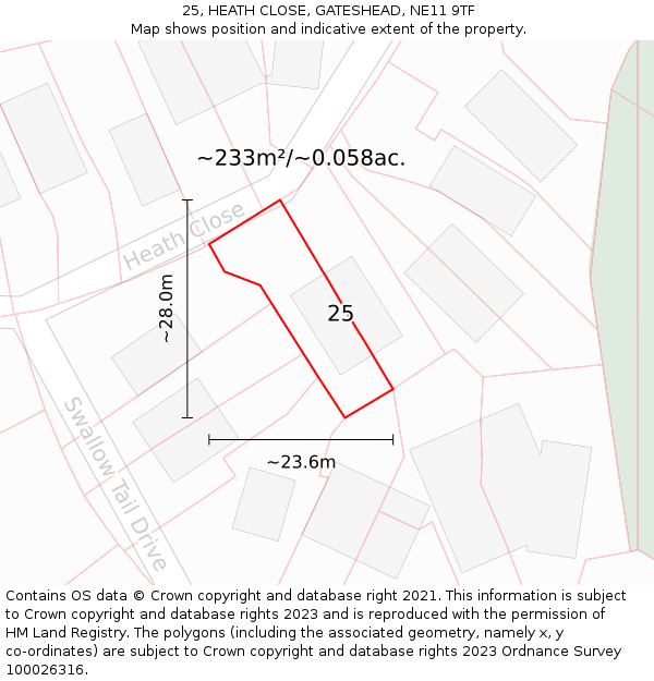 25, HEATH CLOSE, GATESHEAD, NE11 9TF: Plot and title map
