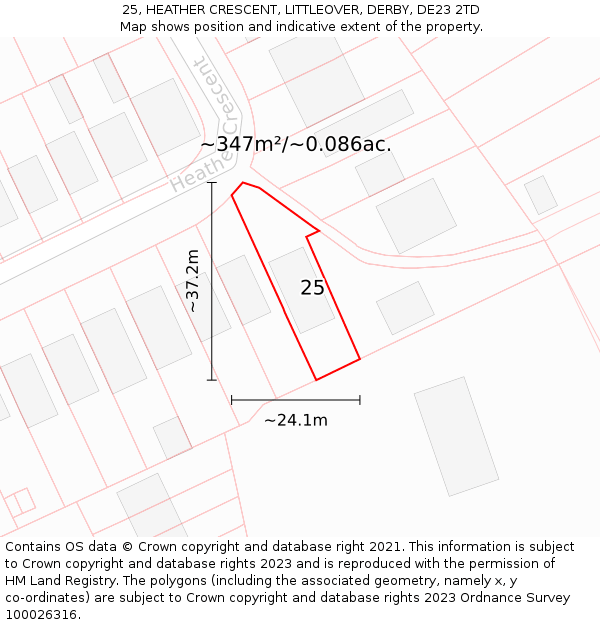 25, HEATHER CRESCENT, LITTLEOVER, DERBY, DE23 2TD: Plot and title map