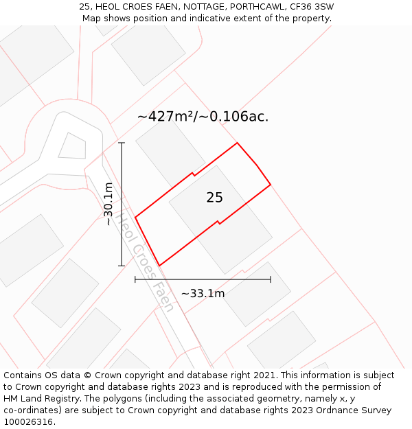 25, HEOL CROES FAEN, NOTTAGE, PORTHCAWL, CF36 3SW: Plot and title map