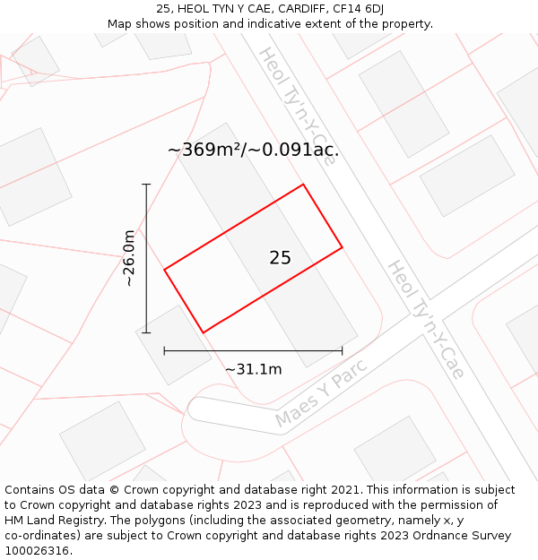 25, HEOL TYN Y CAE, CARDIFF, CF14 6DJ: Plot and title map