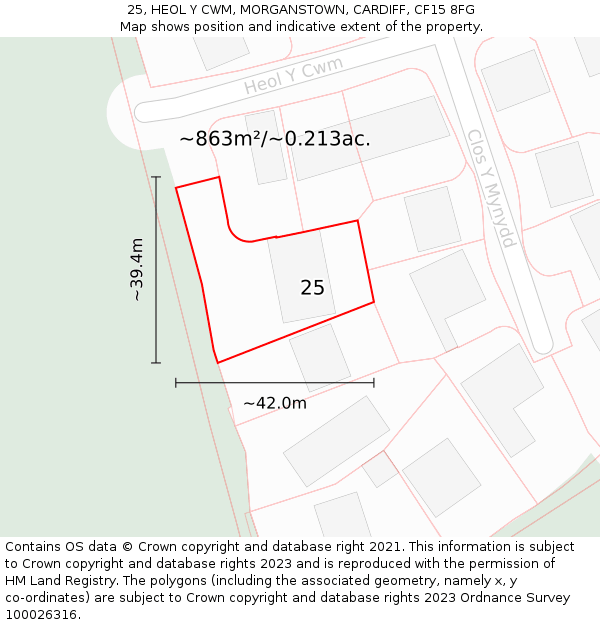 25, HEOL Y CWM, MORGANSTOWN, CARDIFF, CF15 8FG: Plot and title map