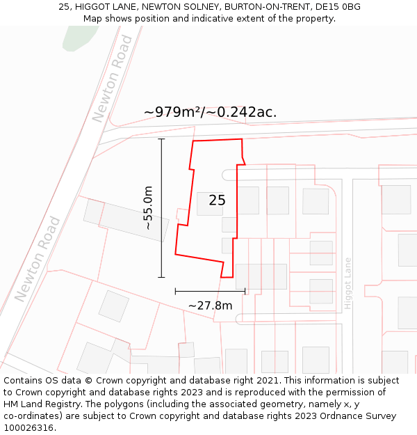 25, HIGGOT LANE, NEWTON SOLNEY, BURTON-ON-TRENT, DE15 0BG: Plot and title map