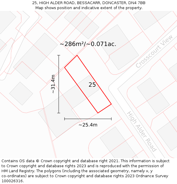 25, HIGH ALDER ROAD, BESSACARR, DONCASTER, DN4 7BB: Plot and title map