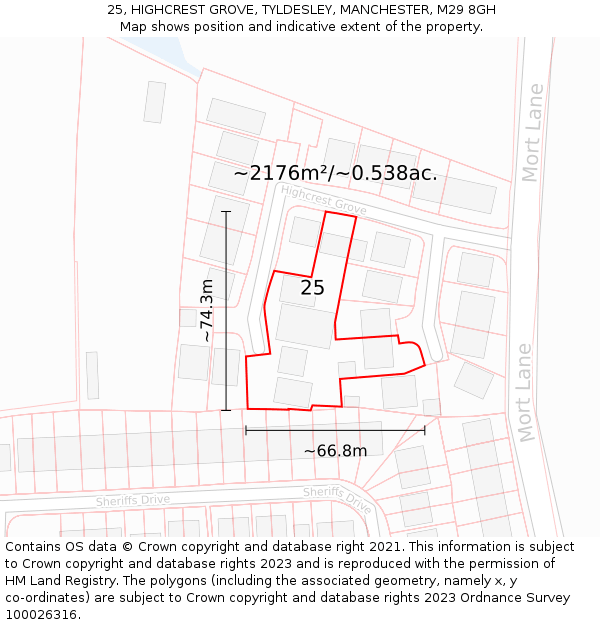 25, HIGHCREST GROVE, TYLDESLEY, MANCHESTER, M29 8GH: Plot and title map