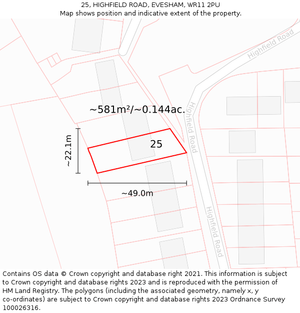 25, HIGHFIELD ROAD, EVESHAM, WR11 2PU: Plot and title map