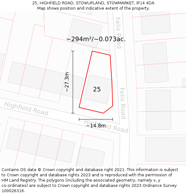 25, HIGHFIELD ROAD, STOWUPLAND, STOWMARKET, IP14 4DA: Plot and title map