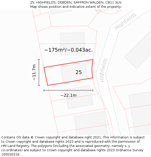 25, HIGHFIELDS, DEBDEN, SAFFRON WALDEN, CB11 3LN: Plot and title map