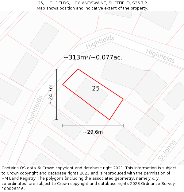 25, HIGHFIELDS, HOYLANDSWAINE, SHEFFIELD, S36 7JP: Plot and title map