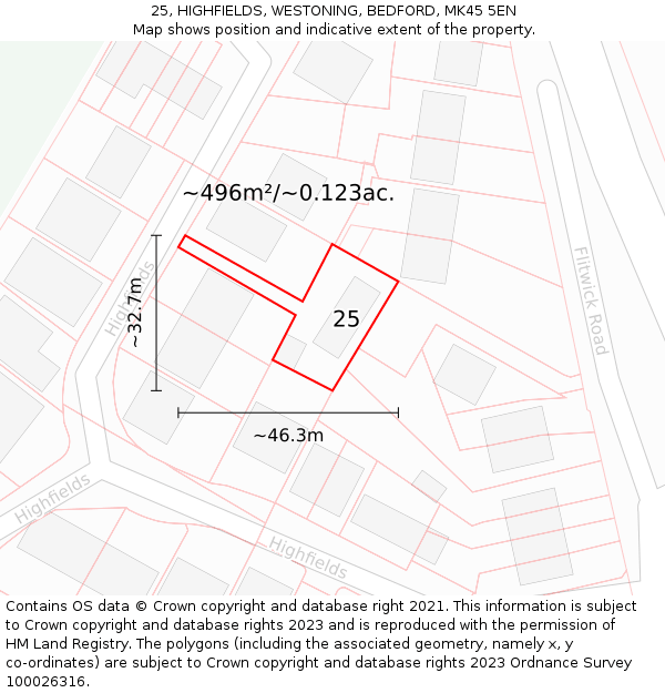 25, HIGHFIELDS, WESTONING, BEDFORD, MK45 5EN: Plot and title map