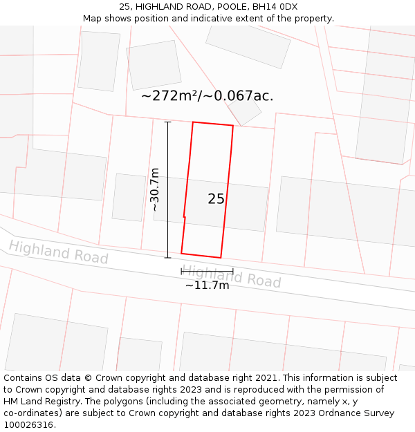 25, HIGHLAND ROAD, POOLE, BH14 0DX: Plot and title map