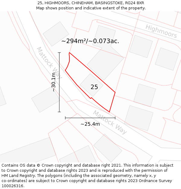 25, HIGHMOORS, CHINEHAM, BASINGSTOKE, RG24 8XR: Plot and title map
