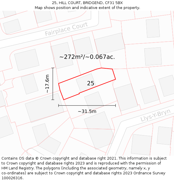 25, HILL COURT, BRIDGEND, CF31 5BX: Plot and title map