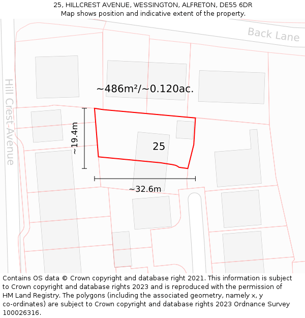25, HILLCREST AVENUE, WESSINGTON, ALFRETON, DE55 6DR: Plot and title map