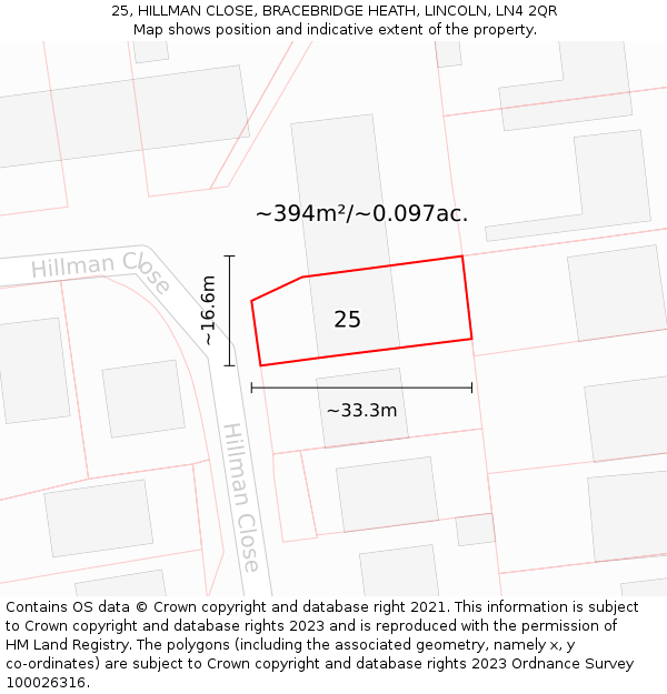25, HILLMAN CLOSE, BRACEBRIDGE HEATH, LINCOLN, LN4 2QR: Plot and title map