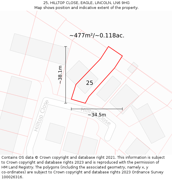 25, HILLTOP CLOSE, EAGLE, LINCOLN, LN6 9HG: Plot and title map